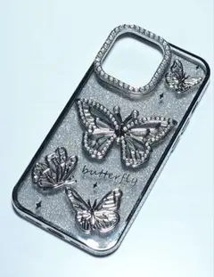 iPhone 13 pro シルバー　蝶　バタフライ　ラメ