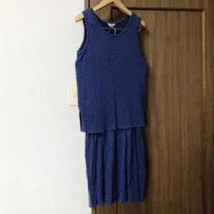 訳あり レディースタンクトップ 上下セット S寸 青色 水玉柄 ビンテージ古着
