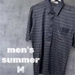 「即日発送」M ネイビー ストライプ 半袖ポロシャツ　古着　夏服　メンズ