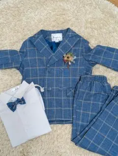 キッズ 男の子フォーマルスーツ セット 青色 チェック120