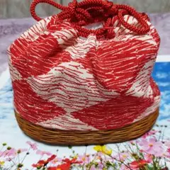 【和装用バッグ】　巾着　和装　小物　バッグ　縮緬　ちりめん　カゴ編み　楕円形