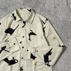 レトロ古着 猫柄シャツ アイボリー M 総柄 コットン 長袖 ゆるだぼ