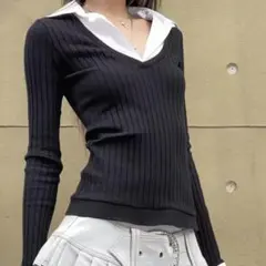 韓国　黒 シャツレイヤード風ニット