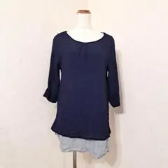NAVY ドッキングカットソー　クロップド袖　ネイビー　袖透け感　ストライプ Ｌ