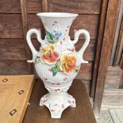 イタリア製花瓶 カポディモンテ アンティーク バラ 陶器 花陶