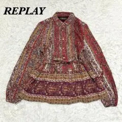 【美品】 REPLAY 総柄長袖シャツブラウス S レッド ブラウンのサムネイル