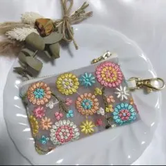 【再販】インド刺繍リボン　ミニポーチ　ブルー