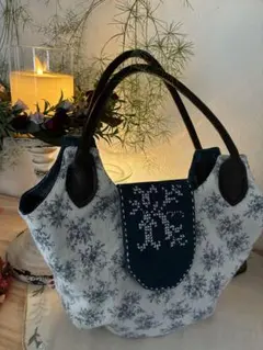 ハンドメイド　花柄トートバッグ レザー付き