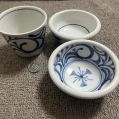 砥部焼 梅山窯　コップ　小皿　作家　3つセット