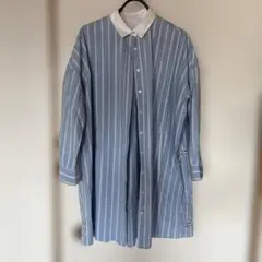 イタリア製 花柄刺繍の青ストライプ長袖ワンピース