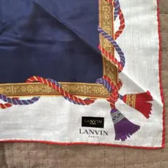 LANVIN 大判ハンカチ ネイビーブルー レッド タッセル柄 綿100%
