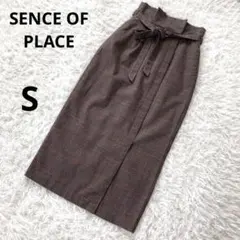 【センスオブプレイス】リボンベルト付グレンチェック柄ロングタイトスカート S茶色