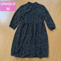 UNIQLOユニクロ　シフォンプリントワンピース M (七分丈) ブラック　総柄