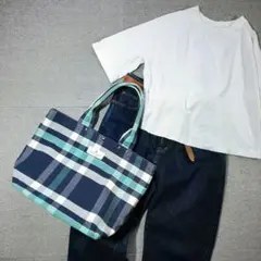 伊勢木綿 伊勢もめん 臼井織布 衣 トートバッグ M チェック 青 白 水色