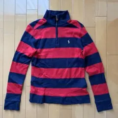 ポロラガーシャツ 赤と紺のストライプ ハイネック メンズ