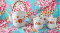 【レア品】台湾　大同陶器花柄ポット＆湯飲み4個セット