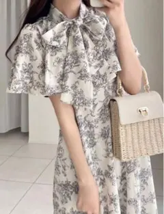 GRL ボウタイ花柄リボンフレアワンピース[ta006]