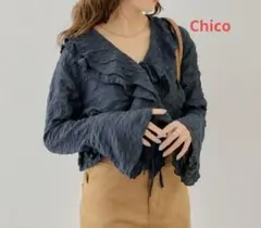 Chico フリルデザインフロントリボンブラウス 長袖 ネイビー