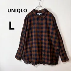 美品 UNIQLO イネス L ブラウン ネイビー コットンシアーチェックシャツ