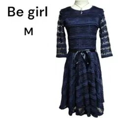 Be girl ワンピース総レース ウエストリボン 7分袖 フレアスカート M