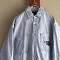 ハードロックカフェ 長袖デニムシャツ 90s 刺繍 両面ワンポイントロゴ