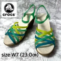 【美品】crocsワラチェ ウェッジサンダル W7 23cm グリーンストラップ