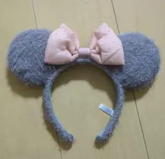 ミッキー耳カチューシャ グレー ピンクリボン