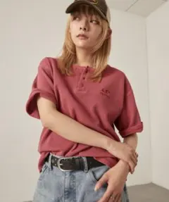 ワッフル ヘンリーネック 半袖 Tシャツ レッド Mのサムネイル