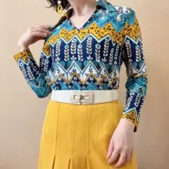希少 花柄 Vネックポリシャツ レトロポップ ヴィンテージ 青 白 黄色 一点物