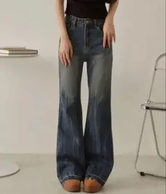 【NuNuNa】ヴィンテージ加工カットオフダメージフレアデニムパンツ