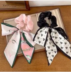 【2本セット】スカーフリボン付きシュシュ ピンク/ブラック