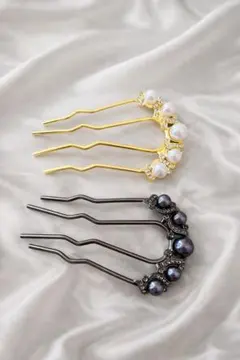 ブラック ホワイト パール ヘア かんざし ダンス コーム 髪飾り 式 セット