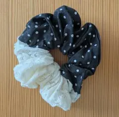 即購入可❣️シュシュ ブラック ドット柄 花柄レース バイカラー