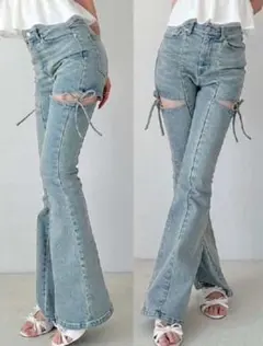 カットアウトリボンデニムパンツ