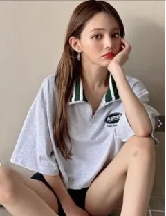 配色ラインネックハーフジップショート丈Tシャツ bo007 GRLのサムネイル