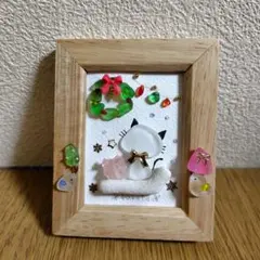 8-120「子猫とクリスマスリース」シーグラスアート 猫 クリスマス 雑貨