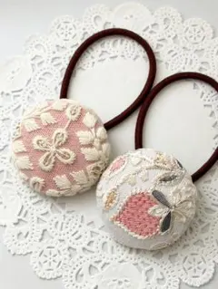 【No.252】インド刺繍 くるみボタン38㎜ ヘアゴム 2個セット