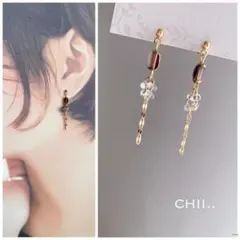 No.832 チェーンピアス　ペタル　ガラスメッキビーズ　紫　クリアパープル