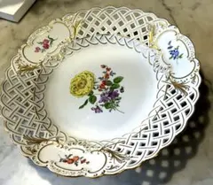 マイセンMeissen フラワー金彩プレート メッシュ透かしレース花柄 21cm