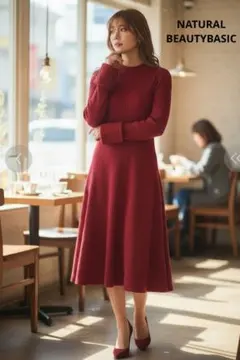 NATURALBEAUTYBASIC ニットAラインワンピース 赤