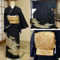 美品　黒留袖フルセット　袋帯　 ５点セット　結婚式　比翼仕立て　金彩　吉祥　末広