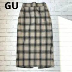 om36 GU：チェックタイトロングスカート　ベージュ　スリット　S