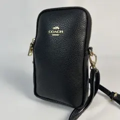 美品　コーチ　スマホショルダーバッグ　レザー　　シボ革　ブラック
