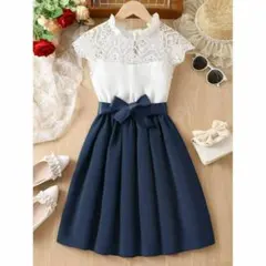 キッズ　女の子ドレス130ワンピース結婚式フォーマル発表会ピアノかわいい紺レース