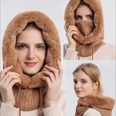 バラクラバ　ブラウン　茶色　ネックウォーマー　極暖　ファー付き　ニット帽　冬