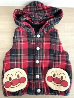 アンパンマン　リバーシブル　チェック柄フード付きベビーベスト