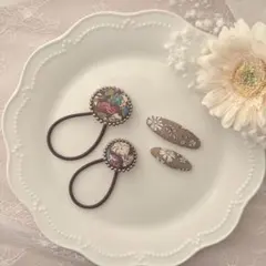 【4個セット】リバティ　ブラウン　ヘアゴム　ぱっちん　ピン　パール　ボタン　親子