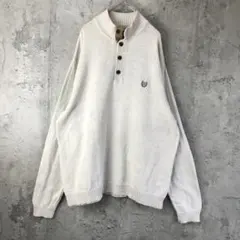 Y1090古着　ニットセーター　ハーフボタン　ワンポイント　グレージュ