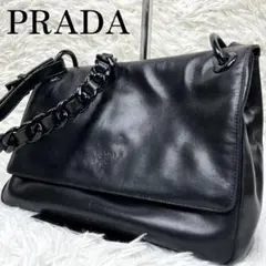 美品プラダ ワンショルダーバッグ ロゴ型押し プラスチックチェーン オールレザー