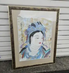 真作】絵画 水墨画（色紙） 観音菩薩像 横顔 優美な仏画 額装品 Z145